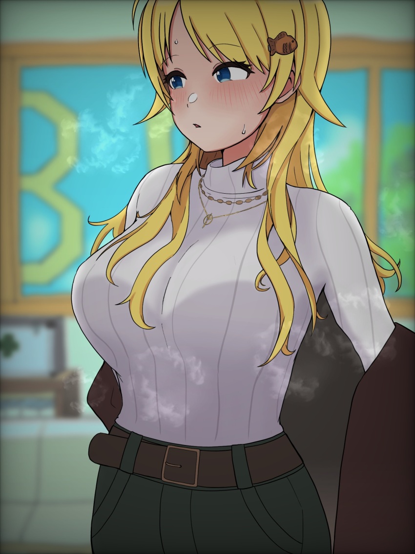 1girl :o belt_buckle blonde_hair blurry blurry_background blush breasts buckle hachimiya_meguru highres hondy_(user_gcxa2842) idolmaster idolmaster_shiny_colors indoors large_breasts looking_afar ribbed_sweater solo steam steaming_body sweatdrop sweater undressing white_sweater window