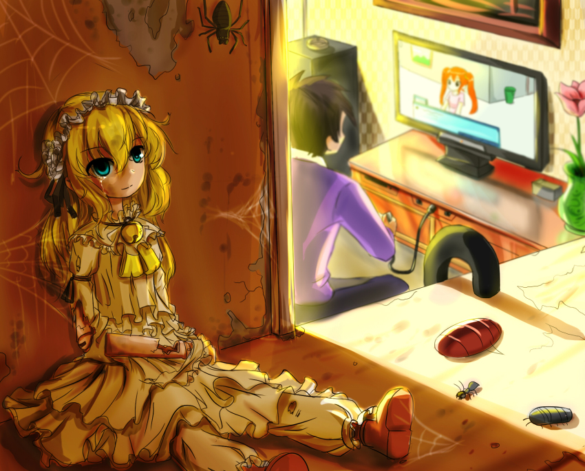 1boy 2girls abandoned against_wall ant bell black_hair blonde_hair blue_eyes broken bug chinese_text closet controller crying damaged doll doll_joints dress flower game_controller hairband head_tilt highres bug isopod jingle_bell joints layered_dress light lolita_hairband looking_up multiple_girls original pillbug qys3 ribbon short_hair silk sitting spider spider_web streaming_tears tears television torn_clothes vase