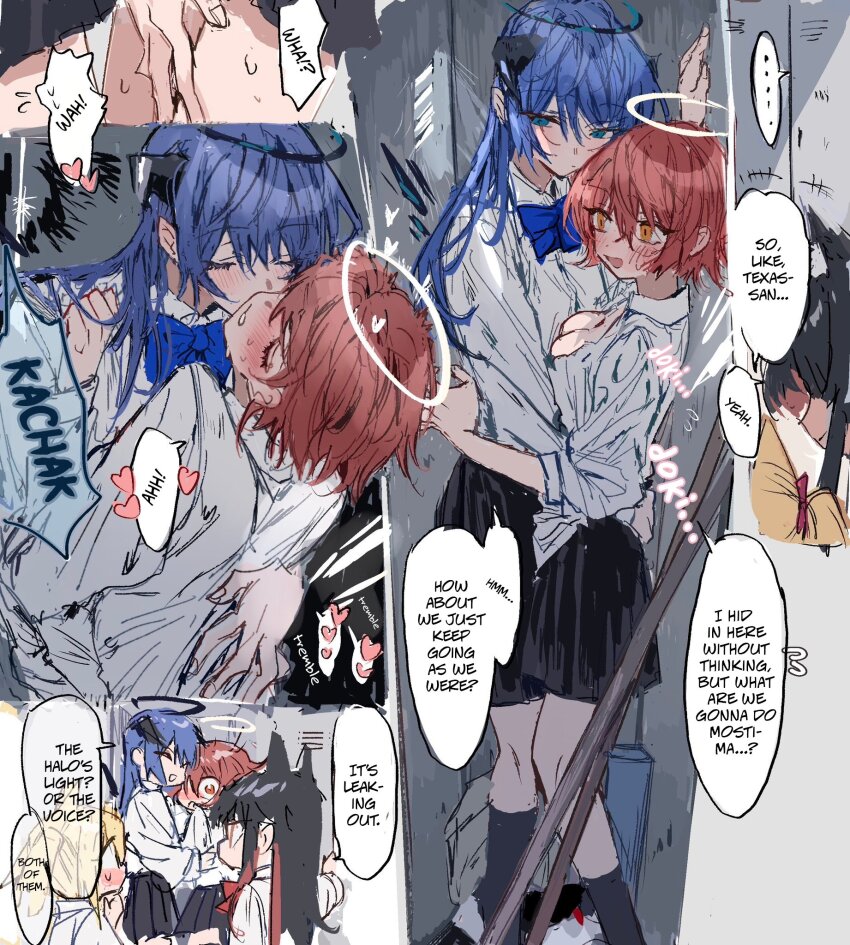 4girls arknights black_skirt blue_hair caught english_text exusiai_(arknights) groping halo hard-translated highres in_locker kiss locker mostima_(arknights) multiple_girls na_tarapisu153 school_uniform shirt skirt speech_bubble stuck_in_a_box texas_(arknights) third-party_edit white_shirt yuri
