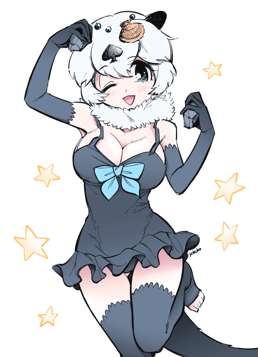 1girl ace_(playing_card) animal_ears black_dress blue_ribbon breasts californian_sea_otter_(kemono_friends) card cleavage dress frilled_dress frills fur_collar highres kemono_friends kemono_friends_3 large_breasts looking_at_viewer one_eye_closed otter_ears otter_girl otter_tail playing_card ribbon shell_hair_ornament short_hair shoulder_strap smile solo tail thighhighs white_hair yokuko_zaza