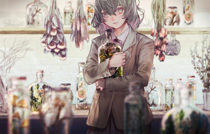 1girl :| blazer blurry blurry_foreground blush brown_jacket brown_skirt buttoned_cuffs buttons closed_mouth collared_shirt colored_inner_hair cowboy_shot expressionless flower green_eyes grey_hair hair_between_eyes hanging_flower herbarium highres holding holding_jar hugging_object jacket jar long_sleeves looking_at_viewer multicolored_hair neck_ribbon nik_ibi original pink_hair pleated_skirt red_ribbon ribbon shirt sidelocks skirt solo table white_shirt wooden_table