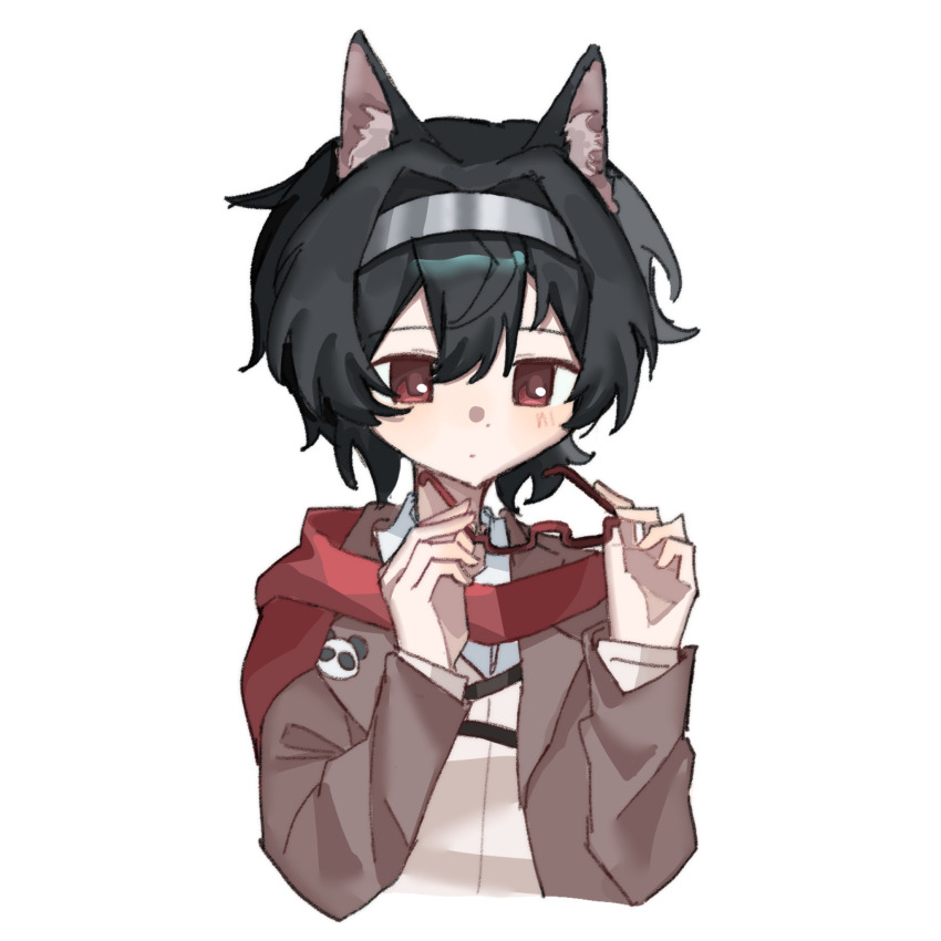 1boy animal_ear_fluff animal_ears animal_print bear_print belt black_belt brown_coat character_request chest_belt closed_mouth coat collared_coat collared_shirt copyright_request cropped_torso dot_nose glasses grey_hairband hair_between_eyes hairband hashtag-only_commentary highres holding holding_removed_eyewear kemonomimi_mode lapels layered_sleeves light_blush long_sleeves looking_at_object loose_hair_strand male_focus notched_lapels open_clothes open_coat panda_print qianwa_shi_biao red-framed_eyewear red_eyes red_scarf scarf shirt short_hair simple_background solo unworn_eyewear vest white_background white_shirt white_vest wolf_ears