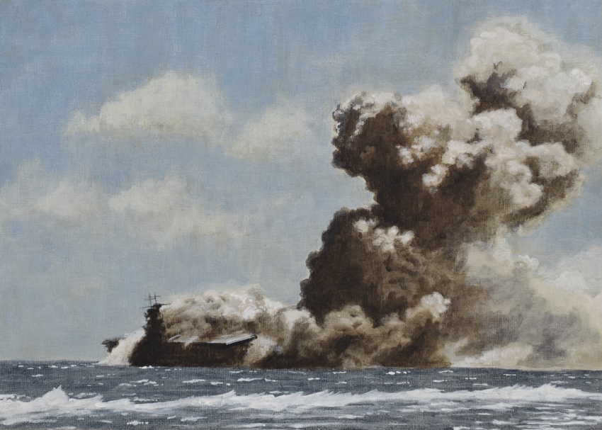 acrylic_paint_(medium) aircraft_carrier atelier_bono cloud guadalcanal_campaign highres historical_event military_vehicle ocean original painting_(medium) photo-referenced scenery ship sinking sky smoke traditional_media united_states_navy uss_wasp_(cv-7) vehicle_focus warship watercraft waves world_war_ii