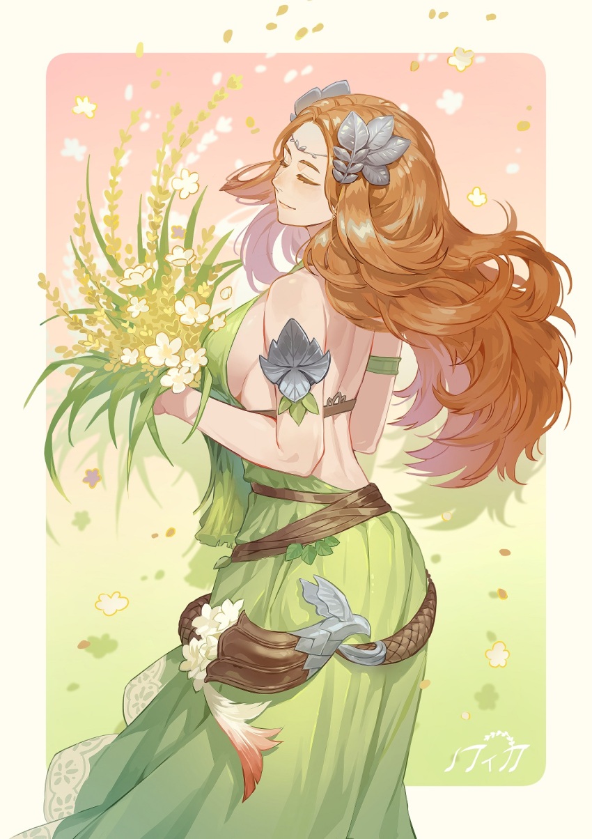 1girl backless_dress backless_outfit bare_shoulders belt border bouquet breasts character_name circle closed_eyes colored_eyelashes cowboy_shot detached_sleeves dress falling_petals final_fantasy final_fantasy_xiv floating_hair flower forehead from_behind gradient_background grass green_background green_dress hair_ornament highres holding holding_bouquet lace lace-trimmed_dress lace_trim large_breasts leaf_hair_ornament long_hair nophica orange_hair outside_border petals pink_background shoulder_blades sideboob simple_background sleeveless sleeveless_dress smile solo standing two-tone_background wavy_hair wheat white_border white_flower wind zmeoow