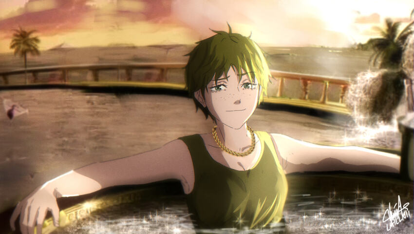 1girl breasts chain chain_necklace cleavage commentary_request freckles green_eyes green_hair highres indonesian_commentary jewelry laillnii medium_breasts necklace open_mouth orange_sky original pool raised_eyebrows sauna signature sky solo tree upper_body