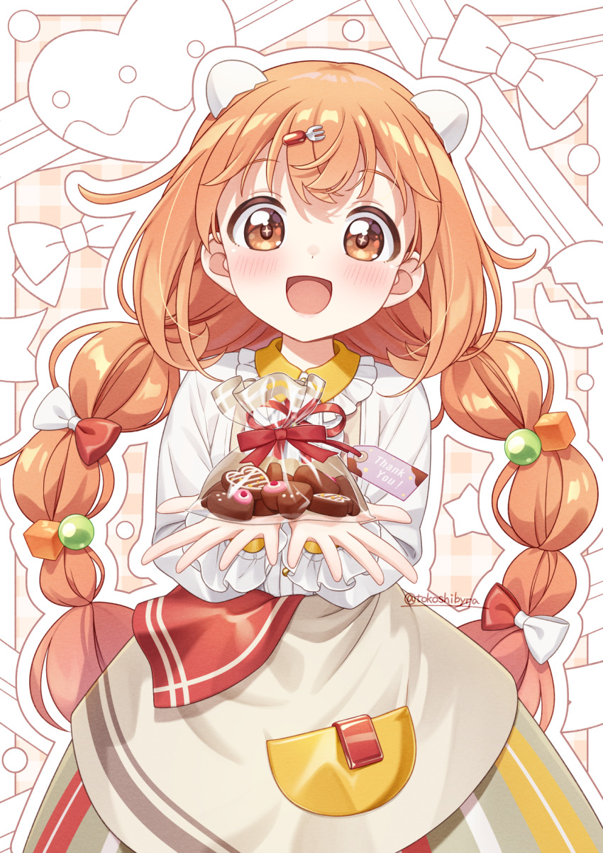1girl :d apron artist_name bag blush border bow braid brown_apron brown_skirt buttons candy center_frills chocolate chocolate_heart collared_shirt commentary_request crossed_bangs cube_hair_ornament egg_hair_ornament food food-themed_hair_ornament fork_hair_ornament frilled_shirt_collar frilled_sleeves frills hair_between_eyes hair_bobbles hair_bow hair_ornament hands_up heart heart-shaped_food highres kirara_tamako kirara_tamako_(1st_costume) long_hair long_sleeves looking_at_viewer neck_ribbon nijisanji open_mouth orange_eyes orange_hair outline outside_border red_bow red_ribbon ribbon shirt skirt smile solo striped_clothes striped_skirt tokoshibyra twin_braids twitter_username valentine virtual_youtuber white_border white_bow white_outline white_shirt