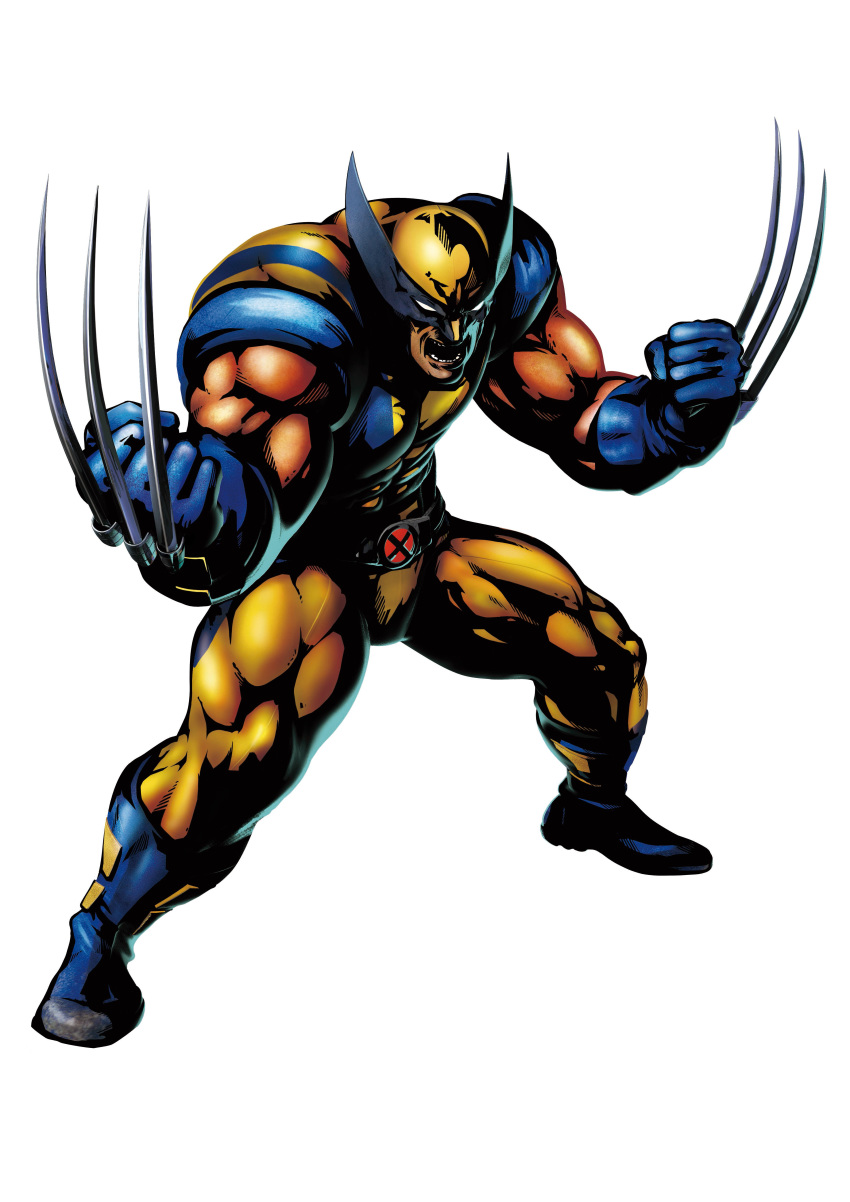 10s 1boy 3d absurdres belt blue_boots boots capcom claws highres male_focus manly marvel marvel_vs._capcom marvel_vs._capcom_3 mask mori_toshiaki muscular official_art open_mouth solo wolverine_(x-men) x-men