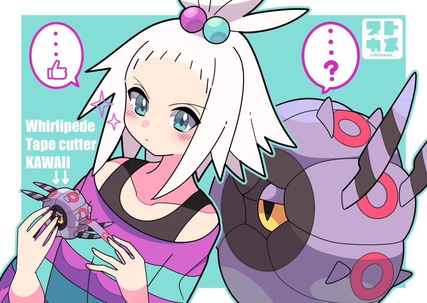 1girl blush closed_mouth commentary_request gen_5_pokemon green_background green_eyes hair_bobbles hair_ornament highres holding looking_down medium_hair nintendo off-shoulder_shirt off_shoulder pokemon pokemon_(creature) pokemon_bw2 roxie_(pokemon) shirt striped_clothes striped_shirt sutokame themed_object topknot undershirt whirlipede white_hair