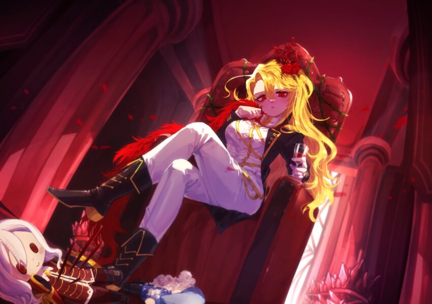1girl bari_(project_moon) blonde_hair breasts character_doll closed_mouth couch doll don_quixote_(project_moon) feather_boa highres la_manchaland&#039;s_don_quixote_(project_moon) la_manchaland_(identity)_(project_moon) large_breasts limbus_company long_hair looking_at_viewer pmchell_04 project_moon red_eyes sancho_(project_moon) sitting slit_pupils solo