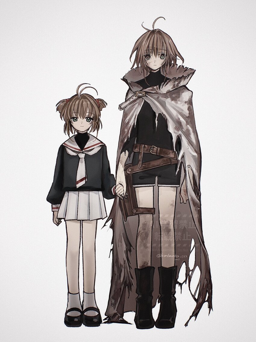 2girls antenna_hair black_footwear boots brown_eyes brown_hair cardcaptor_sakura expressionless full_body green_eyes heterochromia highres holding_hands kinomoto_sakura konbanha_123 light_smile looking_at_viewer multiple_girls sakura_hime school_uniform simple_background skirt socks tomoeda_elementary_school_uniform tomoeda_middle_school_uniform torn_clothes tsubasa_chronicle twintails white_background white_socks