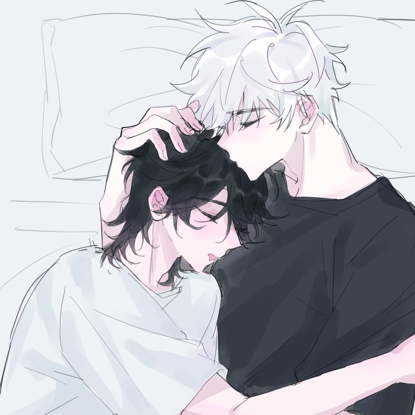 2boys absurdres black_hair black_shirt blush cheng_xiaoshi closed_eyes closed_mouth cuddling hand_on_another&#039;s_head highres hug lu_guang lying male_focus messy_hair multiple_boys on_side open_mouth pillow shiguang_dailiren shirt short_hair short_sleeves sketch sleeping sleeping_on_person t-shirt upper_body white_hair white_shirt yaoi yi798513
