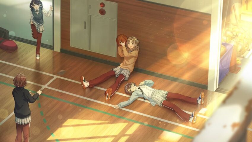 4girls asakura_toru ball basketball_(object) basketball_court black_hair brown_hair cone fukumaru_koito game_cg higuchi_madoka holding ichikawa_hinana idolmaster idolmaster_shiny_colors lying multiple_girls necktie noctchill_(idolmaster) official_art one_leg_raised open_mouth pants purple_hair red_hair shirt sitting skirt storage_room sunlight white_shirt wooden_floor