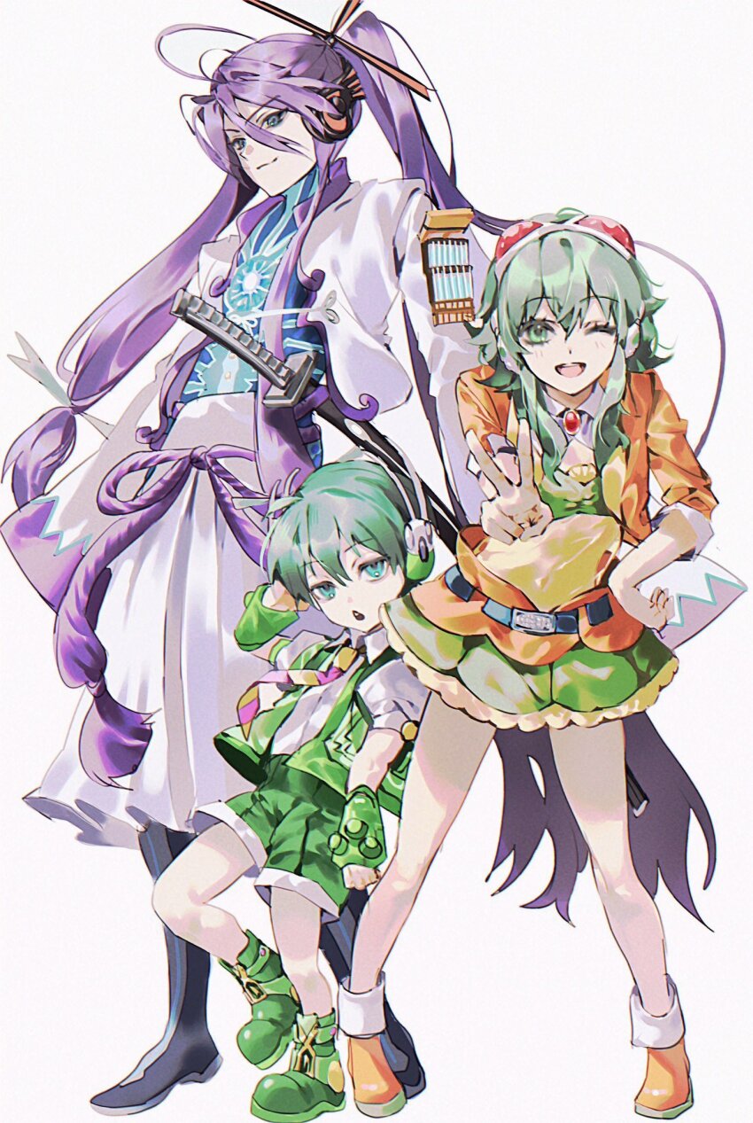 1girl 2boys :o ;d ankle_boots black_boots blue_eyes boots closed_mouth commentary english_commentary fingerless_gloves frilled_skirt frills full_body gloves goggles goggles_on_head green_boots green_eyes green_gloves green_hair green_shorts green_skirt green_vest gumi hair_between_eyes hakama hakama_skirt hand_on_headphones hand_on_own_hip hand_up headphones high_ponytail highres jacket japanese_clothes kamui_gakupo katana leaning_forward long_hair long_sleeves looking_at_viewer low-tied_sidelocks multiple_boys necktie one_eye_closed open_clothes open_jacket open_mouth orange_boots orange_jacket ponytail puffy_short_sleeves puffy_sleeves purple_hair purple_necktie ryuuto_(vocaloid) santa_(ssanpanty) sheath sheathed short_hair short_hair_with_long_locks short_sleeves shorts sidelocks simple_background skirt sleeves_past_fingers sleeves_past_wrists smile standing striped_necktie sword teeth thigh_boots upper_teeth_only v very_long_hair vest vocaloid weapon white_background white_hakama white_jacket wide_sleeves yellow_necktie