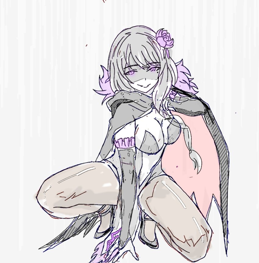 1girl black_hair braid braided_ponytail breasts bridal_gauntlets cape center_opening cleavage detached_sleeves dress elsa_granhilte flower frilled_sleeves frills fur_trim hair_flower hair_ornament highres large_breasts long_hair mole mole_under_eye pantyhose purple_eyes purple_flower purple_rose re:zero_kara_hajimeru_isekai_seikatsu rose solo