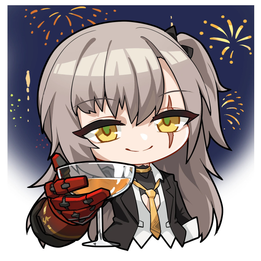1girl black_jacket brown_hair chibi cup drinking_glass fireworks girls&#039;_frontline girls&#039;_frontline_2:_exilium highres jacket leva_(girls&#039;_frontline_2) long_hair looking_at_viewer madcore meme necktie official_art partially_unbuttoned pepe_the_frog scar scar_across_eye scar_on_face second-party_source shirt side_ponytail smile solo the_great_gatsby ump45_(girls&#039;_frontline) white_shirt wine_glass yellow_eyes yellow_necktie
