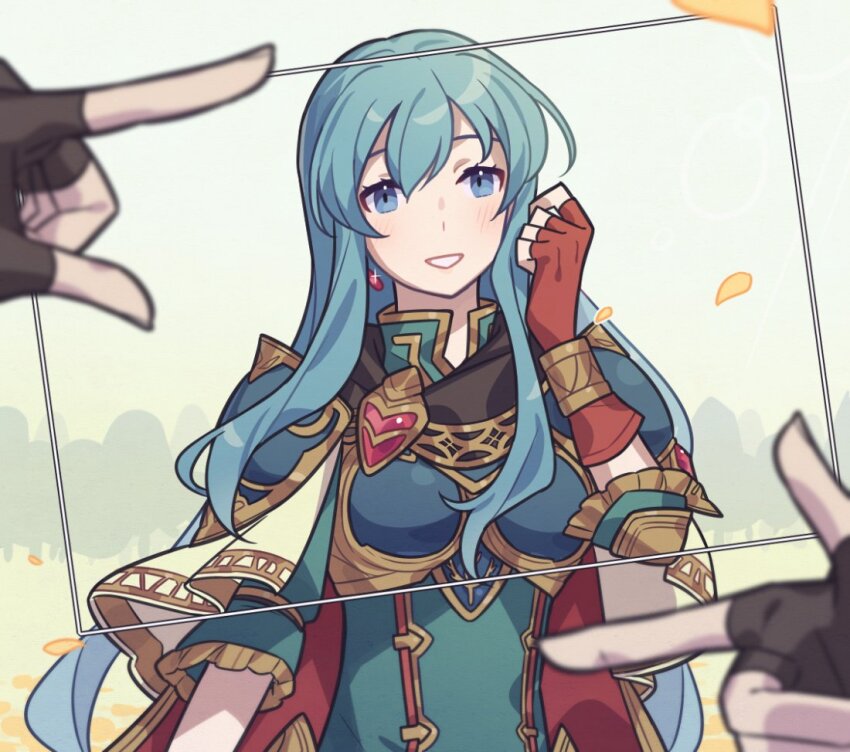 1girl armor blue_eyes blue_hair breastplate commentary earrings eirika_(fire_emblem) falling_petals finger_frame fingerless_gloves fire_emblem fire_emblem:_the_sacred_stones glint gloves gold_trim haconeri high_collar jewelry long_hair nintendo petals red_gloves solo_focus symbol-only_commentary