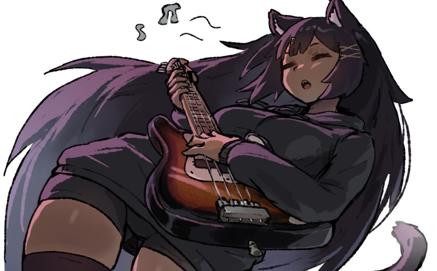 1girl animal_ears bass_guitar black_hair black_hoodie black_thighhighs breasts cat_ears cat_girl closed_eyes commentary commission dark-skinned_female dark_skin english_commentary hair_between_eyes highres holding holding_bass_guitar holding_instrument hood hood_down hoodie indie_virtual_youtuber instrument long_hair medium_breasts music musical_note open_mouth playing_bass_guitar playing_instrument simple_background singing solo standing sulkycats thighhighs very_long_hair virtual_youtuber wersman white_background