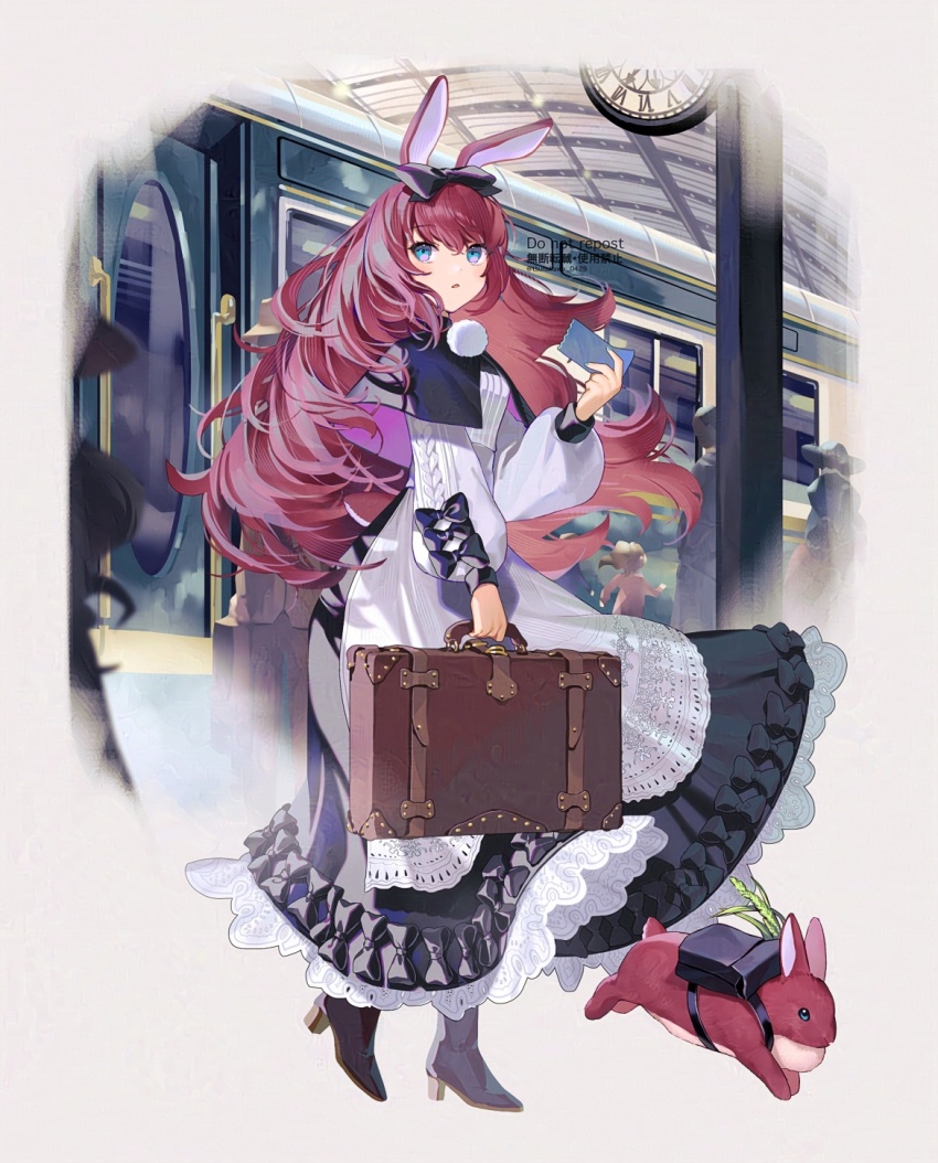 1girl animal_ears black_boots black_bow black_capelet blue_eyes boots bow capelet clock dress frilled_dress frills from_side hair_bow high_heel_boots high_heels highres holding holding_suitcase holding_ticket long_dress long_hair long_sleeves looking_ahead original petticoat pom_pom_(clothes) rabbit rabbit_ears rabbit_girl red_hair sidelocks solo straight_hair suitcase ticket train train_station tsunakawa white_dress