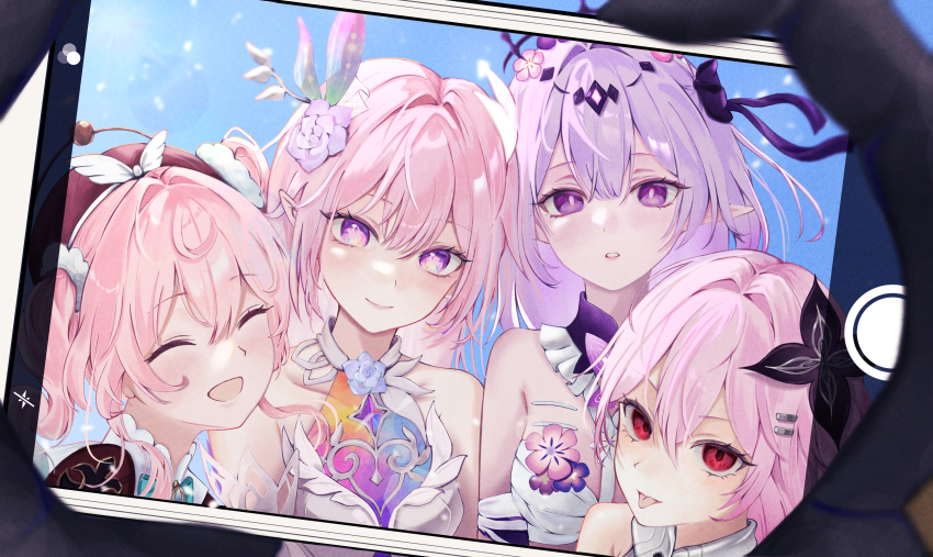 0_tsunamayo_0 4girls :p absurdres bare_shoulders black_flower castorice_(honkai:_star_rail) coat cyrene_(honkai:_star_rail) cyrene_(ripples_of_past_reverie)_(honkai:_star_rail) dress evernight_(honkai:_star_rail) flower hair_between_eyes hair_flower hair_ornament highres honkai:_star_rail honkai_(series) hyacine_(honkai:_star_rail) long_hair looking_at_viewer march_7th_(honkai:_star_rail) multicolored_hair multiple_girls pink_hair pointy_ears purple_eyes purple_hair red_eyes short_hair smile symbol-shaped_pupils tongue tongue_out white_dress