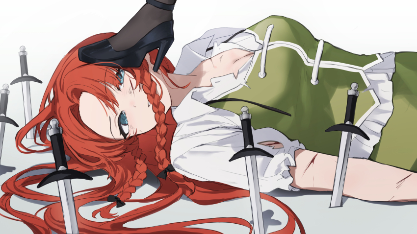 2girls absurdres blush braid braided_sidelock breasts couple defeat dominatrix dress embodiment_of_scarlet_devil feet femdom foot_on_another&#039;s_face foot_on_head green_vest highres hong_meiling izayoi_sakuya long_hair maid multiple_girls open_mouth sarukana shirt short_sleeves side_braids simple_background smile standing_on_person stepped_on stomping touhou trample twin_braids vest white_background white_shirt yuri