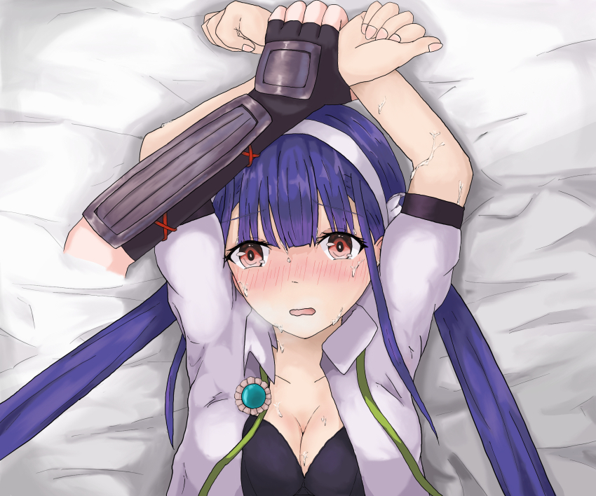 2girls arm_armor blue_hair breasts cleavage collarbone female_pov gloves hair_bun heaven_burns_red highres kaki. kanzaki_adelheid long_hair multiple_girls on_bed pinned pov pov_hands red_eyes satsuki_mari twintails very_long_hair yuri