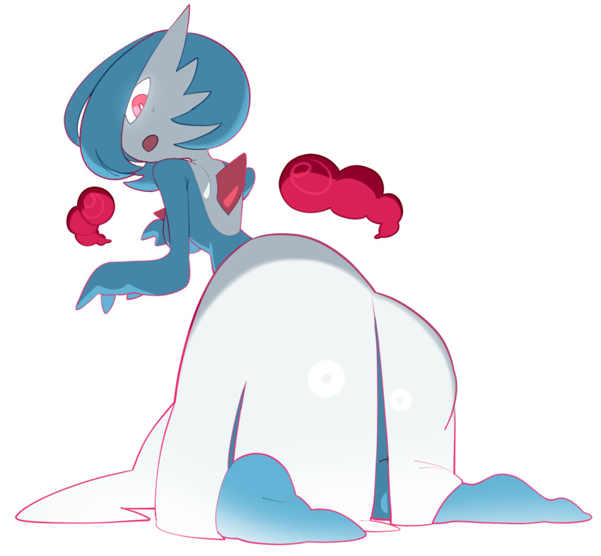 1girl ass breasts bright_pupils cloud full_body gardevoir gen_3_pokemon gigantamax_(other) hair_over_one_eye kneeling large_breasts looking_at_viewer looking_back nintendo open_mouth pokemon pokemon_(creature) red_eyes sido_(slipknot) simple_background solo white_background white_pupils