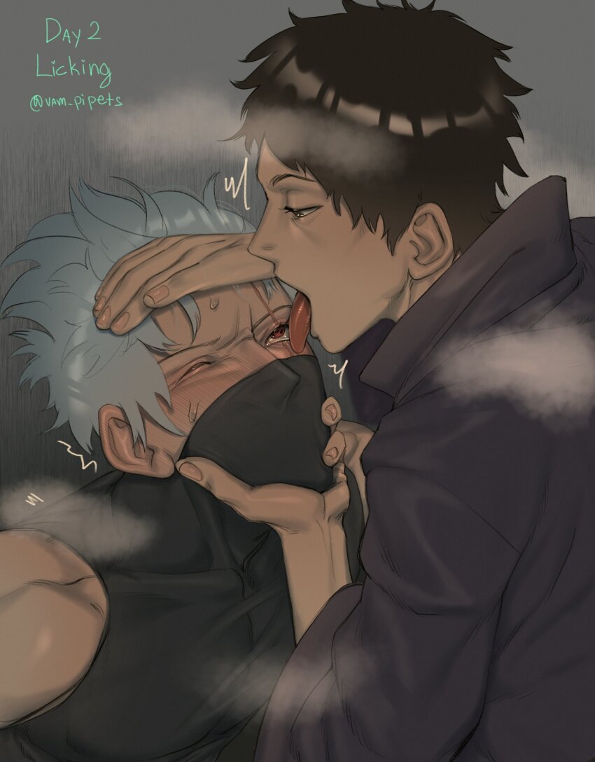 2boys black_hair blush full-face_blush grey_hair hatake_kakashi highres licking_eye long_sleeves male_focus mask multiple_boys muscular naruto_(series) naruto_shippuuden one_eye_closed red_eyes sharingan sleeveless steam uchiha_obito vam_pipets yaoi
