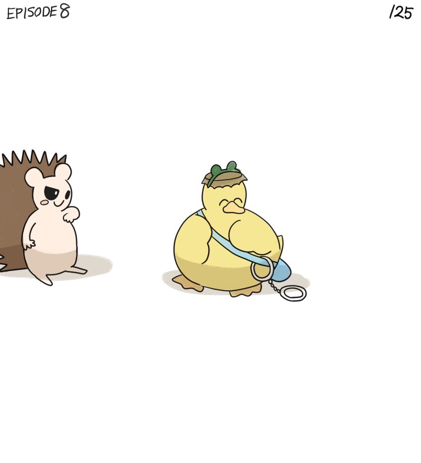 ^_^ bag bird bottle_cap closed_eyes commentary cuffs diva_(hyxpk) duck duckling english_commentary english_text frog_headband handcuffs happy_tears hat hedgehog highres laughing no_humans numbered original page_number pointing shoulder_bag simple_background smile sweatdrop tears white_background