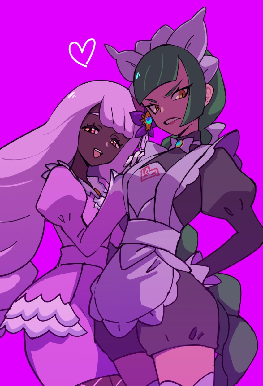 2girls apron arms_behind_back black_romper bow bowtie braid braided_ponytail clenched_teeth cowboy_shot dark_skin dress fascinator frown hair_bow half-closed_eyes hands_on_another&#039;s_shoulders heart heart_print highres hoyon jacinthe_(pokemon) juliet_sleeves leaning_on_person lebanne_(pokemon) lipstick long_braid long_hair long_sleeves looking_at_viewer maid_apron makeup master_and_servant multiple_girls nintendo open_mouth pokemon pokemon_legends:_z-a puffy_sleeves purple_dress purple_eyes purple_hair romper single_braid smile teeth upper_teeth_only very_dark_skin very_long_hair white_bow white_bowtie