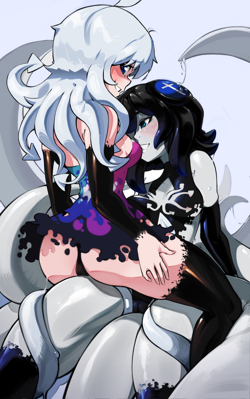 2girls absurdres black_hair blue_eyes blush cameltoe chumu_(teuthidan) cleavage_cutout clothing_cutout commission commissioner_upload grey_hair highres monster_girl multiple_girls original panties phyluma_(teuthidan) scylla sitting sitting_on_lap sitting_on_person tentacle_hair tentacles underwear yinn_s yuri