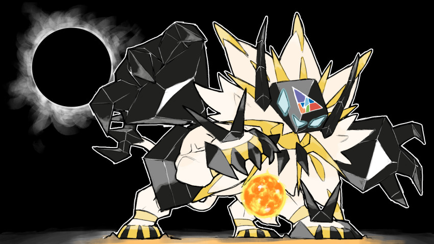 alternate_form animal_focus black_background blacknirrow blue_eyes claws commentary eclipse energy_ball english_commentary gen_7_pokemon glowing glowing_eyes highres legendary_pokemon necrozma necrozma_(dusk_mane) nintendo no_humans open_mouth outline pokemon pokemon_(creature) pokemon_focus simple_background solar_eclipse solo spikes white_fur white_outline