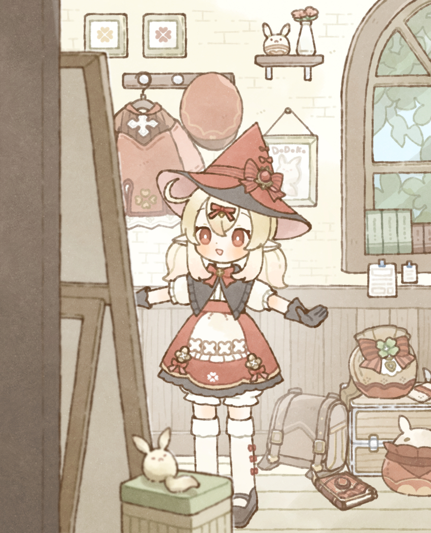 1girl :d ahoge backpack bag black_gloves black_shoes blonde_hair bloomers blurry blurry_foreground blush book bow bowtie bright_pupils brooch brown_bag chest_(furniture) clothes_hanger clothes_rack clover_brooch coat commentary_request detached_collar dodoco_(genshin_impact) dodoco_tales_(genshin_impact) flower frilled_sleeves frills full-length_mirror genshin_impact gloves hair_between_eyes hair_ribbon hat hat_bow high-waist_skirt highres indoors jewelry jumpy_dumpty klee_(blossoming_starlight)_(genshin_impact) klee_(genshin_impact) low_twintails medium_hair mirror official_alternate_costume open_mouth outstretched_arms paper picture_frame pointy_ears puffy_short_sleeves puffy_sleeves randoseru red_bow red_bowtie red_eyes red_flower red_hat red_ribbon red_skirt ribbon shelf shionosuke shirt shoes short_sleeves sidelocks skirt smile solo spread_arms standing stool thighhighs twintails underwear unworn_backpack unworn_bag unworn_coat unworn_hat unworn_headwear vase vision_(genshin_impact) white_bloomers white_pupils white_shirt white_thighhighs window witch_hat wooden_floor
