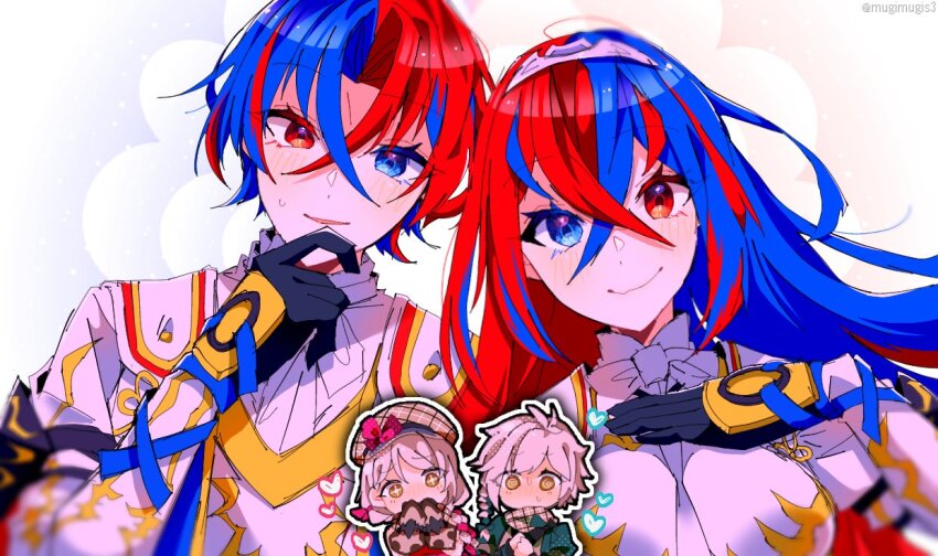 2boys 2girls alear_(female)_(fire_emblem) alear_(fire_emblem) alear_(male)_(fire_emblem) armor blue_eyes blue_hair blush braid breasts brother_and_sister chibi clanne_(fire_emblem) crossed_bangs crown_braid fire_emblem fire_emblem_engage framme_(fire_emblem) gloves heterochromia jewelry long_hair looking_at_viewer medium_breasts mugimugis multicolored_hair multiple_boys multiple_girls nintendo red_eyes red_hair siblings smile split-color_hair tiara twins two-tone_hair very_long_hair
