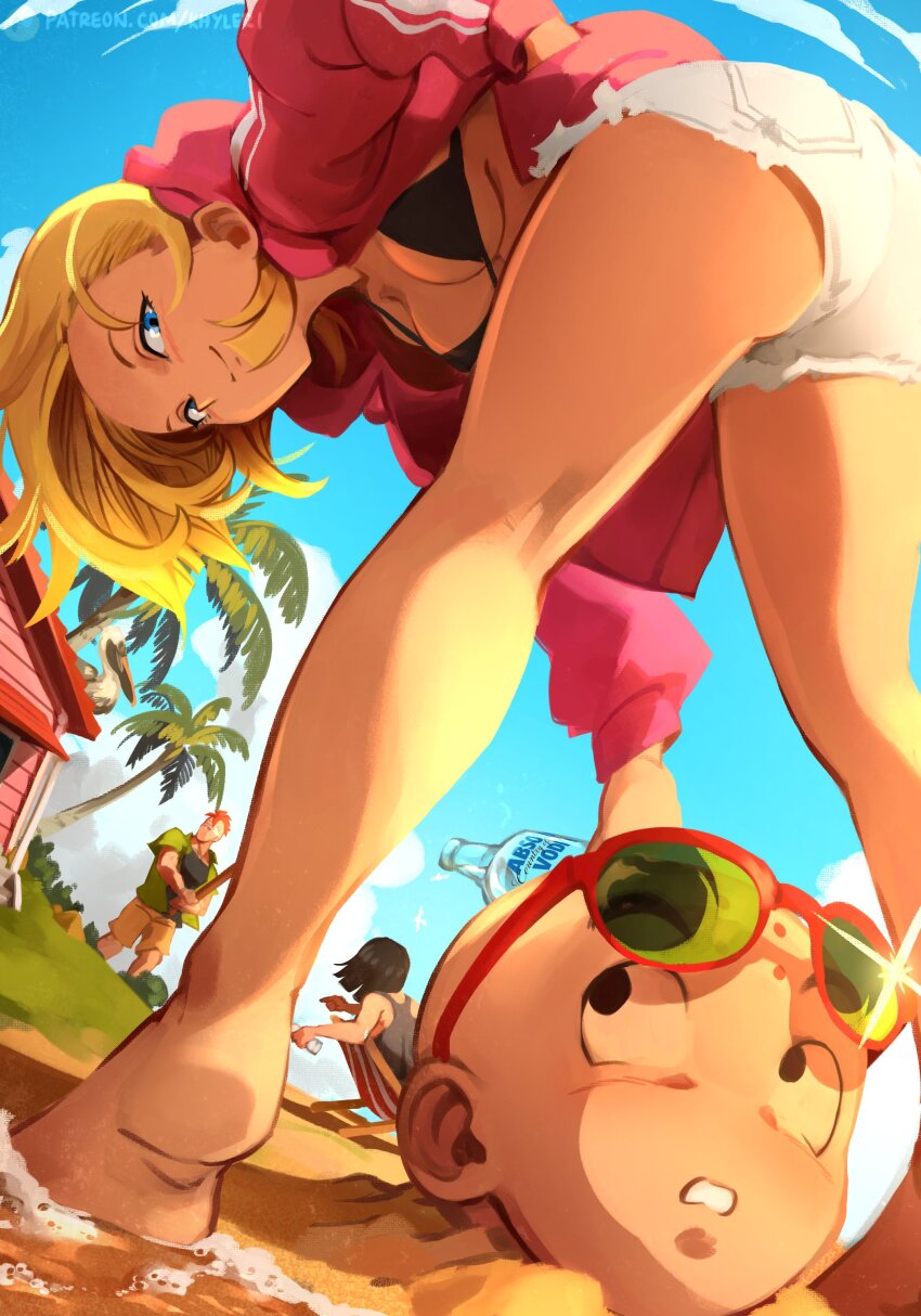 1girl 3boys absolut_vodka absurdres accidental_pervert android_16 android_17 android_18 ass bald beach between_legs bird black_bra black_eyes black_hair black_shirt blonde_hair blue_eyes blue_sky bottle bra breasts buried cleavage closed_mouth cloud day dragon_ball dragonball_z eyewear_on_head highres holding holding_bottle house kame_house khyle. kuririn legs looking_at_viewer looking_down medium_breasts micro_shorts multiple_boys palm_tree pelican red_hair sand shirt shorts sky smile suikawari sunglasses tree underwear upshorts view_between_legs water white_blindfold white_shorts