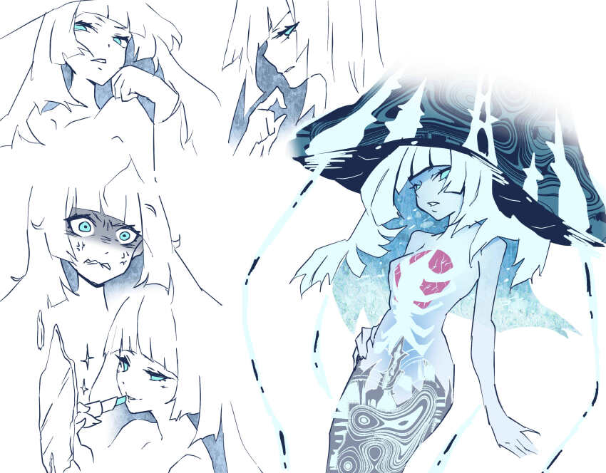 1girl blue_eyes blue_sclera blue_skin breasts colored_sclera colored_skin completely_nude crossover eternal_darkness:_sanity&#039;s_requiem floating glowing glowing_eyes highres jellyfish levitation long_hair looking_at_viewer mermaid monster_girl nintendo nude organs personification ribs see-through_clothes see-through_body sideboob silicon_knights simple_background small_breasts sucker_for_love tail tentacles tn_scallion translucent ulyaoth white_background white_hair