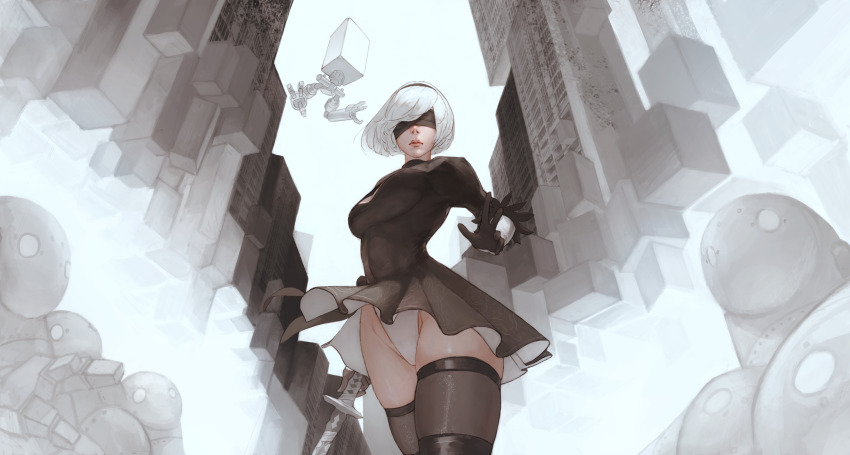 1girl 2b_(nier:automata) absurdres black_blindfold black_hairband blindfold clothing_cutout commentary covered_eyes english_commentary glaw hairband highres holding holding_sword holding_weapon mixed-language_commentary mole mole_under_mouth nier:automata nier_(series) pod_(nier:automata) short_hair sword weapon white_hair