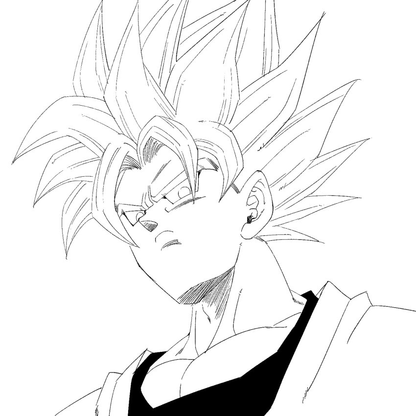 1boy 1rasutotoukou absurdres dragon_ball dragonball_z greyscale highres male_focus medium_hair monochrome muscular muscular_male simple_background solo son_goku spiked_hair super_saiyan super_saiyan_1 upper_body white_background