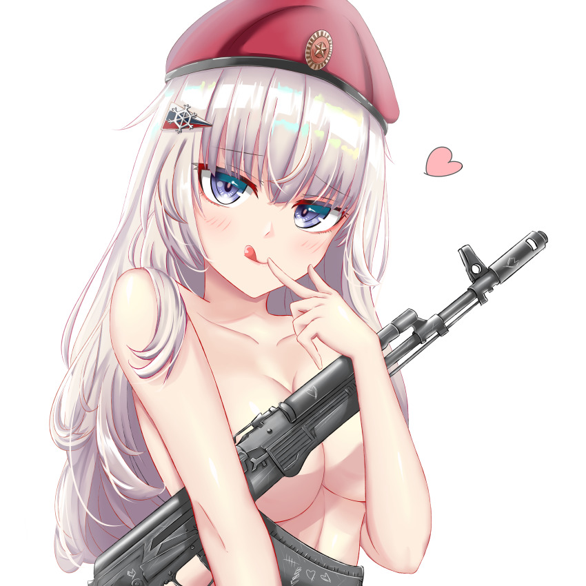 1girl :d absurdres ak-74m ak74m_(girls&#039;_frontline) assault_rifle bare_shoulders beret blue_eyes blush breasts cleavage closed_mouth collarbone completely_nude convenient_censoring finger_to_mouth girls&#039;_frontline grey_hair gun hair_ornament hairclip hat heart heart_print highres kalashnikov_rifle katsuboys licking_lips long_hair looking_at_viewer medium_breasts nude open_mouth rifle russian_flag smile snowflake_hair_ornament solo tongue tongue_out topless_female upper_body weapon white_background