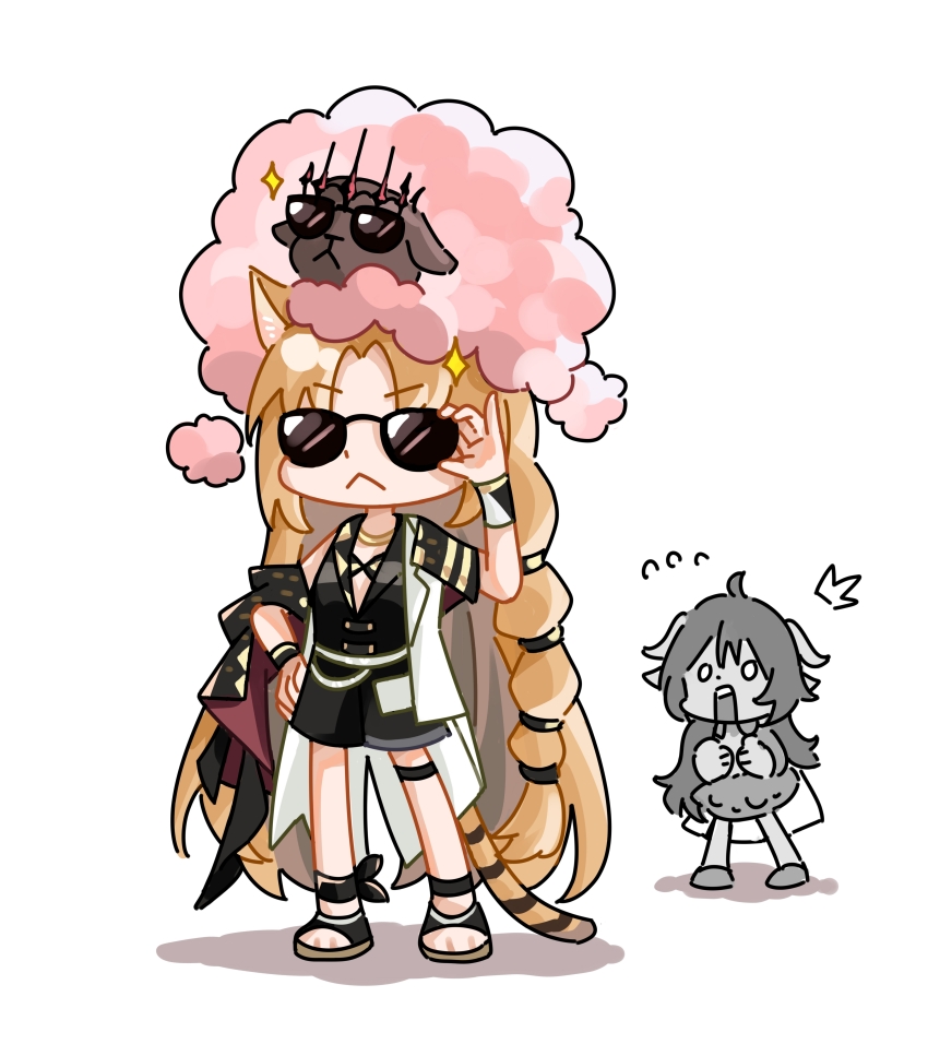 2girls :&lt; ^^^ absurdres animal_ears arknights bare_shoulders black_footwear black_shirt black_shorts braid brown_hair chibi closed_mouth colored_shadow commentary_request dress eyjafjalla_(arknights) flying_sweatdrops highres horns long_hair multiple_girls o_o open_mouth parted_bangs sandals sdrzkaige shadow sheep_ears sheep_girl sheep_horns shirt shorts simple_background solo_focus sparkle striped_tail sunglasses swire_(arknights) tail tiger_ears tiger_girl tiger_tail very_long_hair white_background