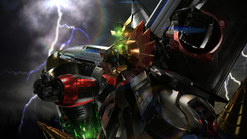 3d clenched_hands cloud commentary_request dark_clouds drill from_below galeon_(pixiv_740042) gaogaigar glowing glowing_eyes highres lens_flare light_rays lightning mecha no_humans orange_eyes robot science_fiction solo sunbeam sunlight super_robot v-fin yuusha_ou_gaogaigar yuusha_series
