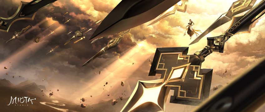 1boy absurdres artist_logo barefoot cloud cloudy_sky crossed_arms darkcatowo falling_rock floating genshin_impact highres hood hood_up logo low_ponytail male_focus ponytail river robe sky solo tagme zhongli_(archon)_(genshin_impact) zhongli_(genshin_impact)
