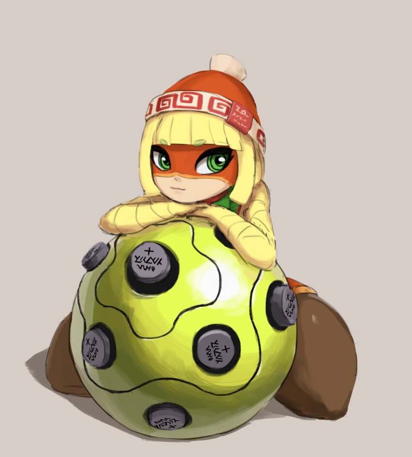 1girl arms_(game) beanie blonde_hair blunt_bangs green_eyes grey_background hands_on_own_chin hat highres leaning_forward leaning_on_object leggings looking_to_the_side martin_(tuxedopato) mask megawatt_(arms) min_min_(arms) nintendo sitting solo thick_thighs thighs wariza