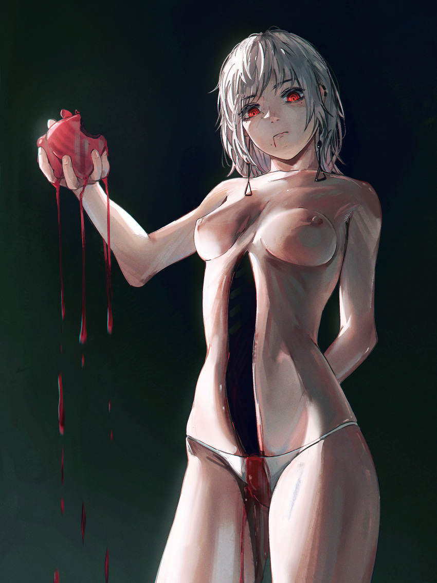 1girl absurdres big_chunger blood blood_drip breasts chainsaw_man deep_wound earrings fami_(chainsaw_man) grey_hair guro heart_(organ) highres holding_heart_(organ) injury jewelry medium_hair mole mole_under_eye mole_under_mouth multiple_moles nipples panties red_eyes ribs ringed_eyes self-cannibalism small_breasts solo topless_female underwear white_panties