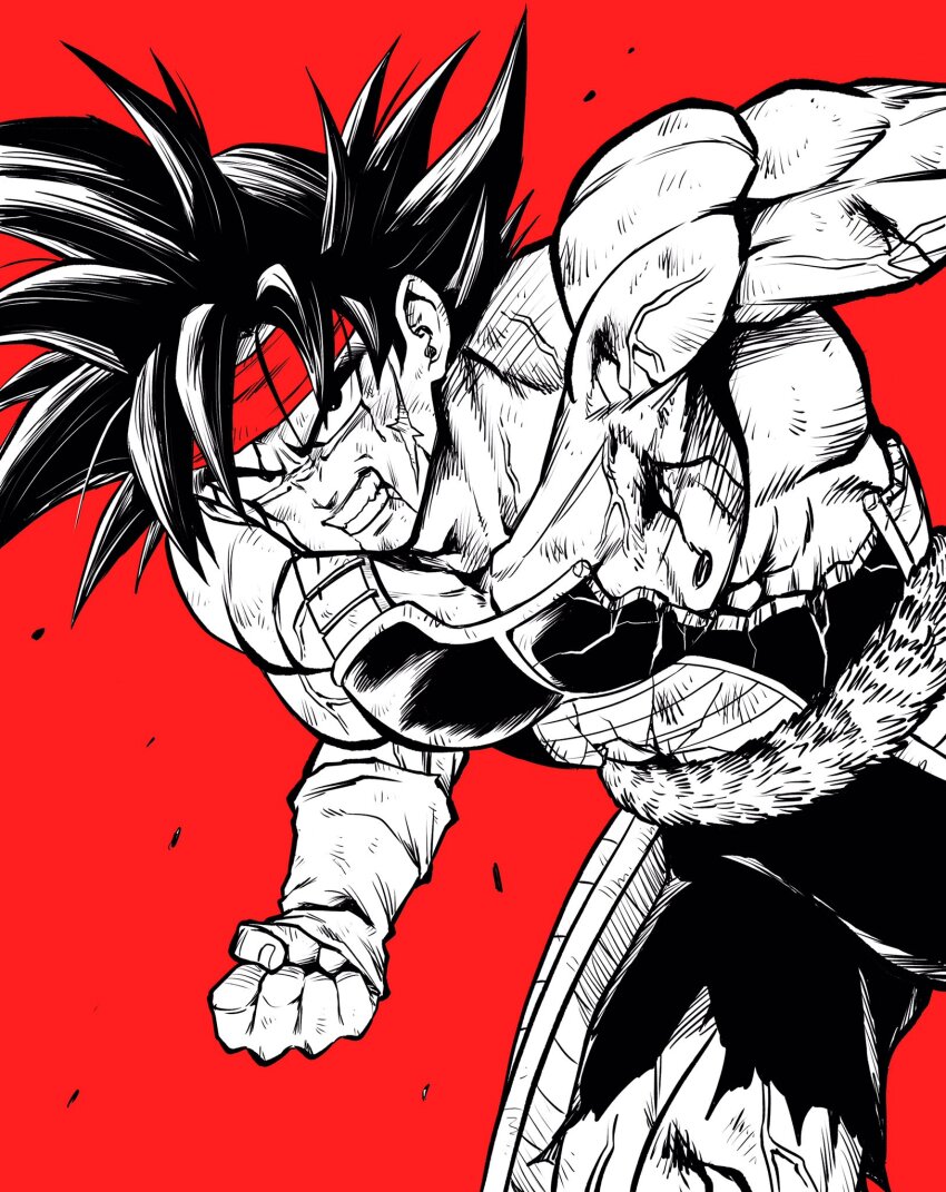 1boy angry armor bardock bleeding blood broken_armor clenched_hand cowboy_shot dragon_ball dragonball_z facial_scar hands_up headband highres lee_(dragon_garou) looking_at_viewer monkey_tail monochrome muscular muscular_male open_mouth pants red_background red_headband scar scar_on_cheek scar_on_face short_hair simple_background solo spiked_hair tail teeth torn_clothes torn_pants veins