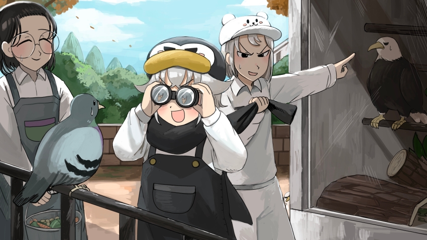 3girls :d absurdres binoculars bird black_hair black_overalls black_scarf bucket closed_eyes commentary diva_(hyxpk) donut_stamp duck eagle english_commentary glasses grey_hair grey_overalls hat highres holding holding_binoculars holding_bucket multiple_girls open_mouth overalls pants penguin_hat penguin_keeper_(diva) pigeon pointing polar_bear_keeper_(diva) reflection round_eyewear scarf scarf_pull shirt short_hair slice_of_life smile sweatdrop urban_area_keeper_(diva) white_pants white_shirt zoo zookeeper zookeepers_(diva)
