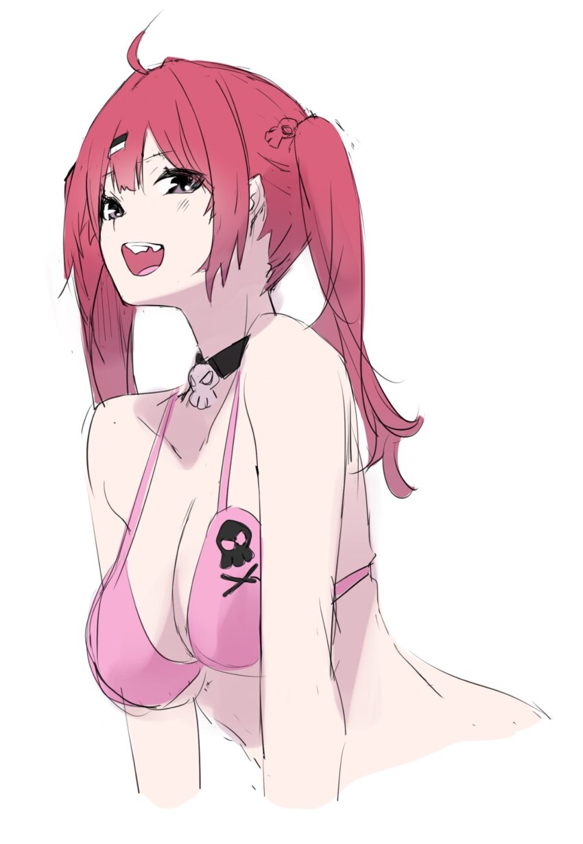 1girl :d bare_shoulders bikini breasts brown_eyes cleavage collarbone front-tie_bikini_top front-tie_top fune_(fune83ojj) goddess_of_victory:_nikke hair_between_eyes hair_ornament highres large_breasts light_blush mast_(a_pirate&#039;s_heart)_(nikke) mast_(nikke) open_mouth pink_bikini red_hair short_twintails side-tie_bikini_bottom skull_choker skull_hair_ornament skull_ornament skull_print smile solo string_bikini swimsuit twintails