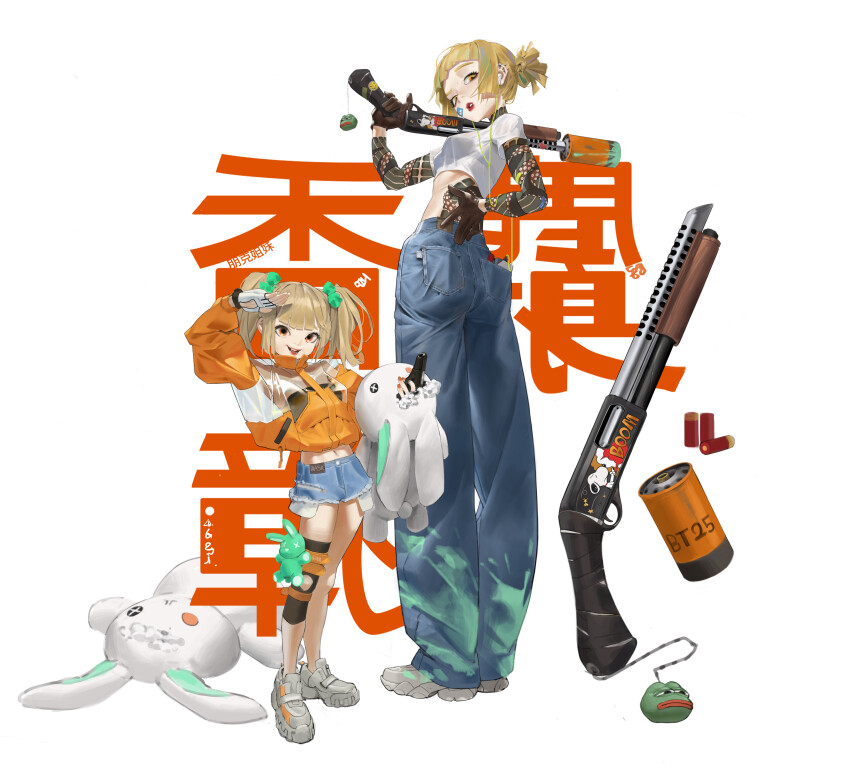 2girls absurdres arm_tattoo ass bandaid bandaid_on_face black_gloves blonde_hair bow boy&#039;s_club breasts charm_(object) commentary crop_top damaged denim digital_media_player ear_piercing earbuds earphones english_commentary fingerless_gloves from_behind full_body gloves gun hair_bow hand_on_own_hip handgun height_difference highres holding holding_gun holding_weapon jacket jeans knee_brace knee_strap lipstick makeup medium_hair multiple_girls muskdeer navel original pants peanuts_(comic) pepe_the_frog piercing pump_action salute shoes short_hair shotgun shotgun_shell siblings sisters smile sneakers snoopy stomach_tattoo stuffed_animal stuffed_rabbit stuffed_toy stuffing tattoo translation_request twintails weapon white_background white_gloves wire