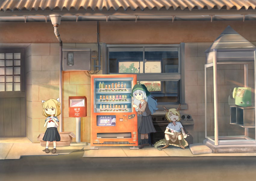 3girls absurdres bird black_socks blonde_hair blue_sailor_collar box brown_footwear brown_jacket cardboard_box character_request cirno closed_mouth collared_shirt commentary contemporary corrugated_galvanized_iron_sheet cyczen day drain_(object) drainpipe english_commentary green_headscarf grey_hair haniyasushin_keiki headscarf highres holding holding_letter jacket joutouguu_mayumi kicchou_yachie letter long_sleeves love_letter multiple_girls necktie open_mouth outdoors pavement phone_booth pleated_skirt postbox_(outgoing_mail) red_necktie sailor_collar school_uniform serafuku shadow shirt shoes short_sleeves sitting skirt socks standing teeth touhou translation_request upper_teeth_only vending_machine white_shirt white_socks window wooden_door
