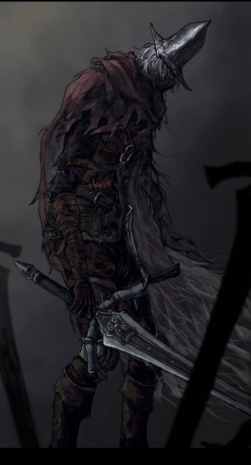 1boy abyss_watcher bandaged_arm bandages black_border blood blurry blurry_foreground boots border cape commentary dark_souls_(series) dark_souls_iii english_commentary feet_out_of_frame grey_background grey_boots grey_hair helmet highres holding holding_sword holding_weapon injury long_hair male_focus mask mouth_mask multiple_scars pants red_cape scar shirt solo sword torn_cape torn_clothes torn_pants torn_shirt tworain_w very_long_hair weapon