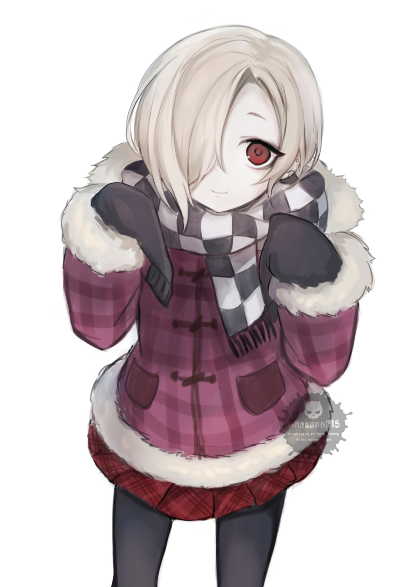 1girl black_pantyhose brown_hair checkered_clothes checkered_scarf closed_mouth commentary_request fringe_trim fur-trimmed_jacket fur-trimmed_sleeves fur_trim hair_over_one_eye hands_up hasunokaeru highres idolmaster idolmaster_cinderella_girls jacket looking_at_viewer pantyhose plaid_clothes plaid_jacket plaid_skirt pleated_skirt purple_jacket red_eyes red_skirt scarf shirasaka_koume simple_background skirt sleeves_past_fingers sleeves_past_wrists smile solo standing watermark white_background